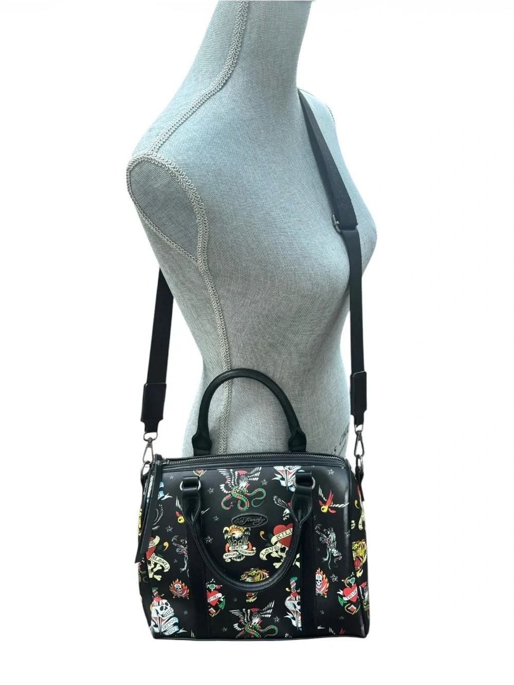 Ed Hardy Black Tattoo Flash Print Satchel Crossbody Bag Street Style Whimsygoth